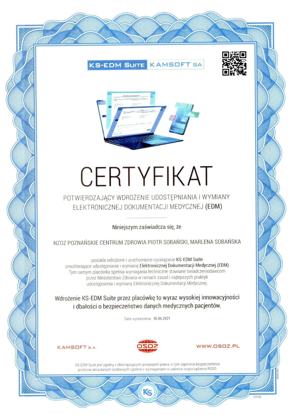 skan certyfikatu potwierdzającego wdrożenie elektronicznej dokumentacji medycznej