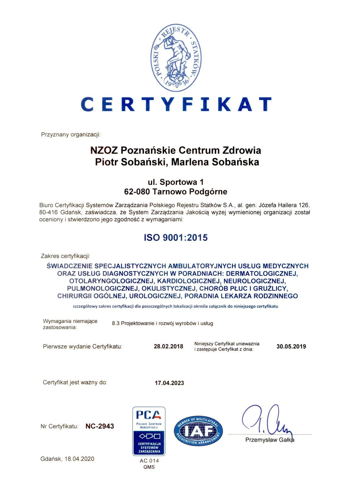 Skan certyfikatu ISO9001:2015