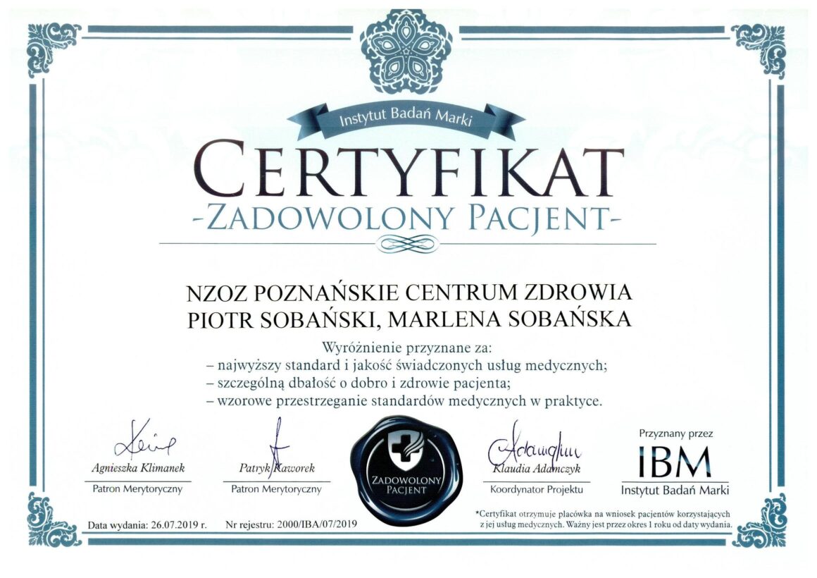 Skan certyfikatu "Zadowolony Pacjent"